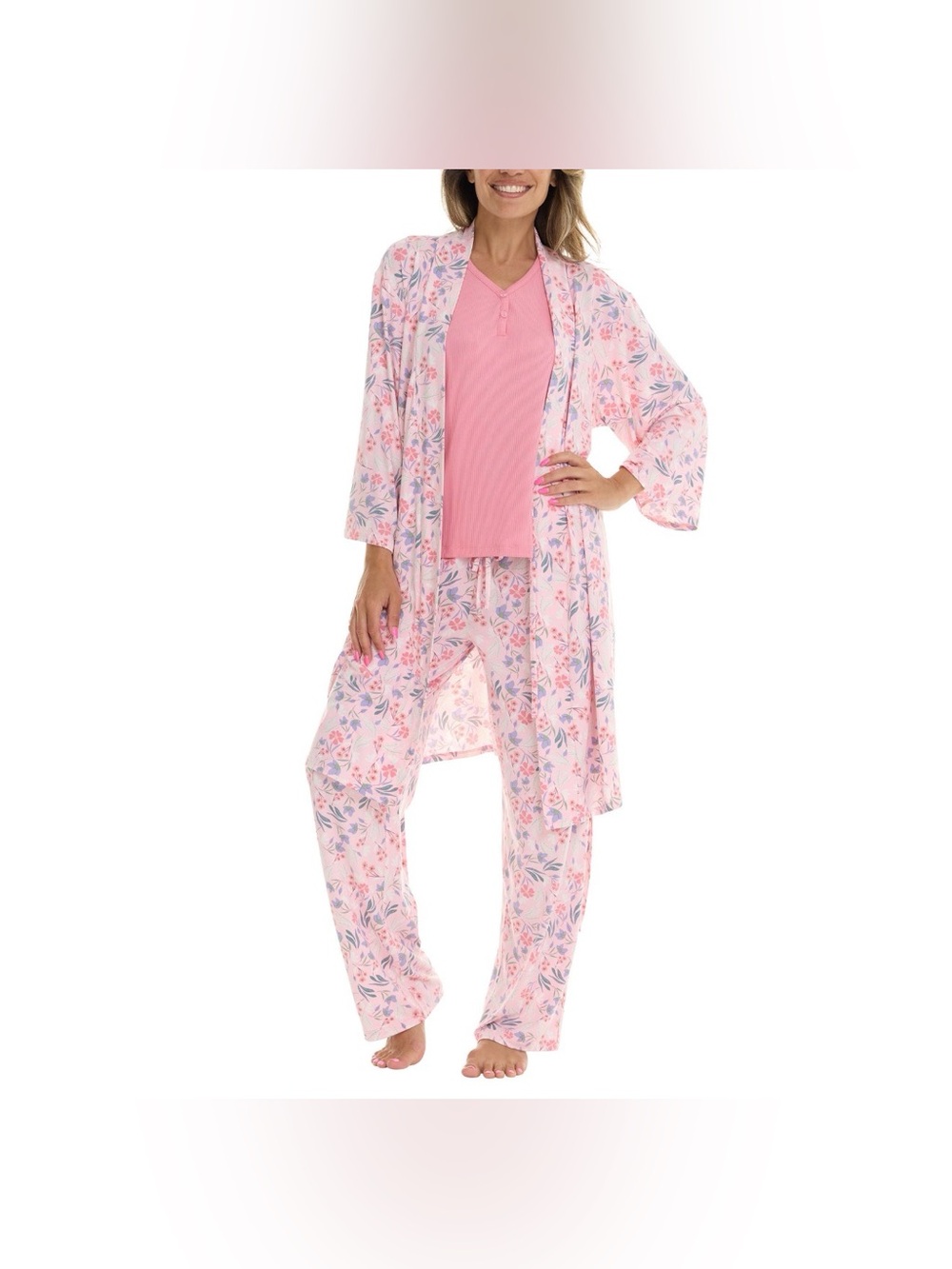 NWT Flora Nikrooz Pink Floral 3-Piece Pajama Set with Robe size XXL - Picture 2 of 11